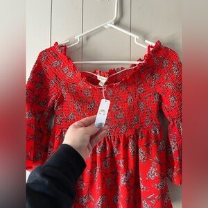 Lily White Red Floral Smocked Peasant Blouse